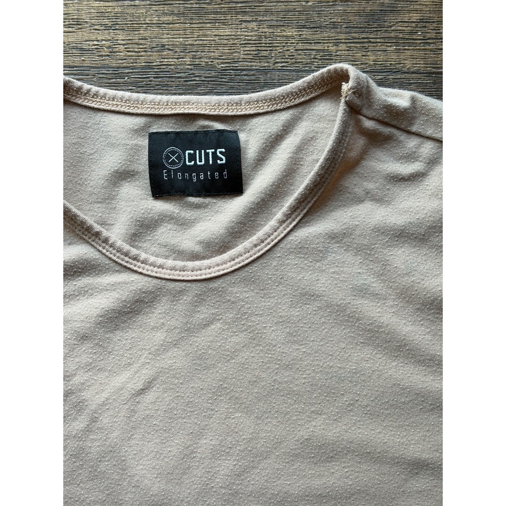 Men's CUTS T-Shirt Beige Elongated L Solid Casual Athleisure Minimalist STAINED